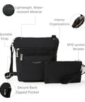 Pocket Crossbody Bag For Women, Lightweight Durable Nylon, Water Resistant Travel Purse With RFID Wristlet, Compact 8x8 Inch Size shown with features like adjustable strap, RFID wristlet, and secure pocket.