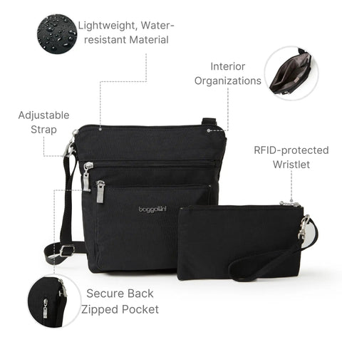 Pocket Crossbody Bag For Women, Lightweight Durable Nylon, Water Resistant Travel Purse With RFID Wristlet, Compact 8x8 Inch Size shown with features like adjustable strap, RFID wristlet, and secure pocket.