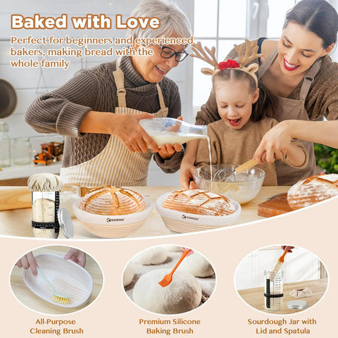 Family using Sourdough Starter Kit With Banneton Proofing Baskets And Glass Starter Jar Pro Grade Bread Making Tools For Home Bakers