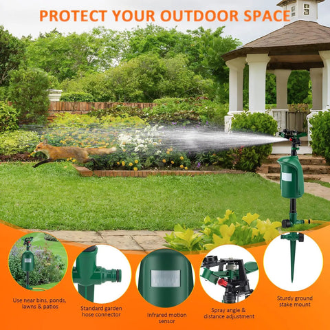 Motion Activated Yard Sprinkler System With Adjustable Head Deterrent For Deer Cats Raccoons And Dogs Skunk Deterrent Scares Off Intruders Outdoor Lawn Water Sprinkler Hose Not Included in green yard with metal stake