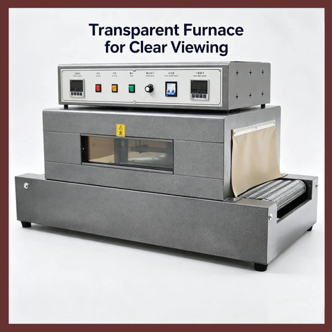 Heavy Duty 220V Heat Shrink Tunnel Machine With Continuous Net Conveyor For POF PVC Film Packaging with clear viewing window.