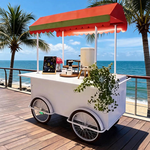 Hustle Made Easy With This Heavy Duty Outdoor Vending Cart, weatherproof canopy, and spacious prep counter by the beach.
