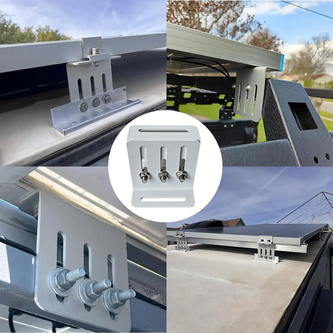 Collage of Adjustable Solar Panel Tilt Mount Bracket for RVs Trailers Boats Yachts and Off Grid Systems with multi-angle tilt.