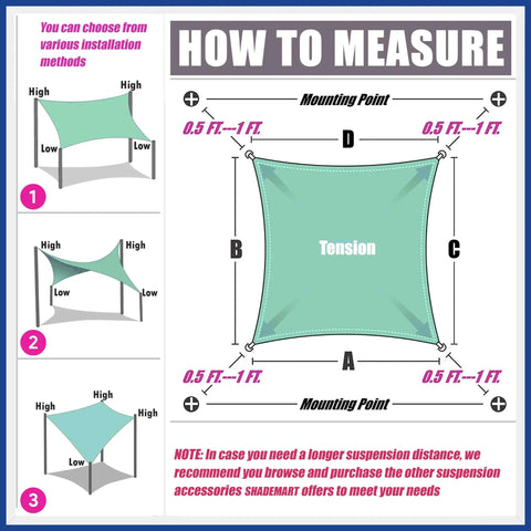 Installation guide for Beige Sun Shade Sail 12x18 Ft Rectangle Canopy Fabric Cloth Screen UPF50 UV Resistant setup options.