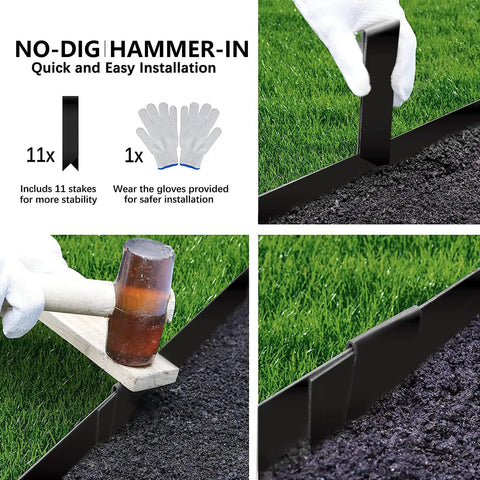 10 Pack Galvanized Steel Landscape Edging 4.5 Inch High Black Powder Coated Bendable Hammer In Border installation process