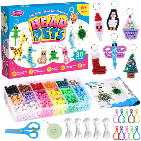 Beads For Crafts 1500 Beads Bead Kit With 30 Design Patterns, showcasing bead pets, patterns, and included tools for craft projects.