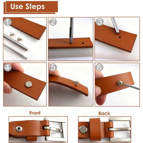 Top Shelf Chicago Screw Kit 120 Piece Set Heavy Duty Carbon Steel Barrel Nuts For Leather Repair And Bag Making Rock Solid Setup Features No Sweat Turning Tools And Sturdy Clear Tote showing step-by-step leather fastening process.