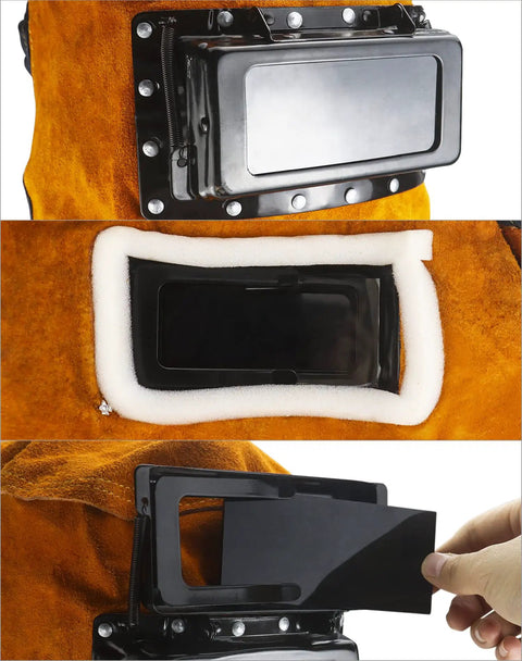 Leather Welding Hood With Flip Open Lens For Face, Head And Neck Protection, Breathable Cowhide Shield Mask, close-up of flip lens
