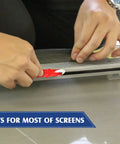 Hands installing flat screen spline 0.315 inch width using rolling tool, black flat bottom, curved top edge for window repair kit