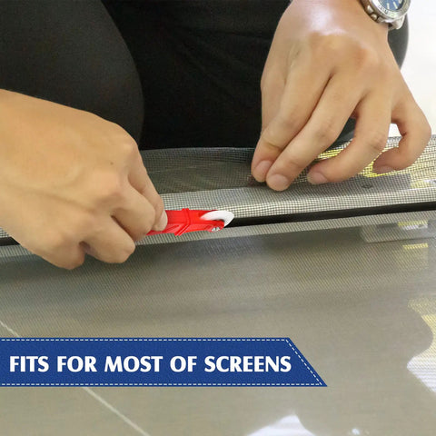 Hands installing flat screen spline 0.315 inch width using rolling tool, black flat bottom, curved top edge for window repair kit