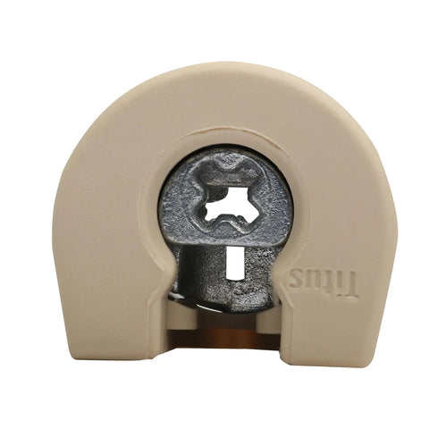 100 Pack System 6 Cam Lock Connectors For 19 Mm Boards Ridge Drop In Almond Furniture Hardware No Drilling Hassle Plug And Play Smooth DIY Setup Heavy Duty Non Outrigger Supplies - close-up view of an almond cam lock connector.