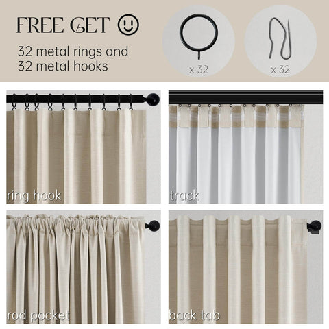 Heavy Duty Blackout Curtains For Track System, 9 Ft Long Cream Tan 2 Panel Set With Back Tab Pleat Design, Hooks And Rings Ready