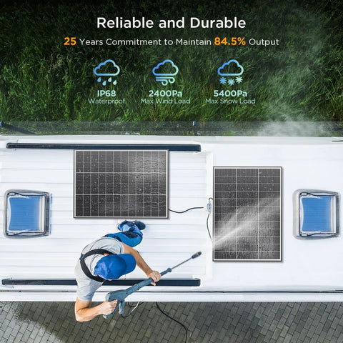 N Type 100W Solar Panel With 25 Percent Efficiency Monocrystalline PV Module installed on RV roof in outdoor setting