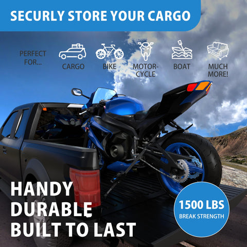 Heavy Duty Auto Retractable Ratchet Straps 4 Pack, 1 Inch Wide By 6 Feet Long, 1500 Lb Break Strength, used on truck with motorcycle