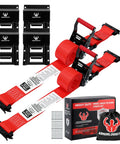 Heavy Duty Wheel Chock Tie Down Kit With Ratchet Straps For ATV UTV And Lawn Mower 4400 Pound Break Strength Built To Last No Nonsense Security For Your Gear On The Go featuring 4 chocks and 2 red ratchet straps.