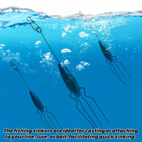 3 Piece Sputnik Lead Fishing Sinkers Set 1oz for Surf Casting Saltwater shown underwater with long tail and stainless-steel legs.