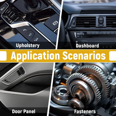 Application scenarios for 5-Piece Auto Trim Removal Tool Set No Scratch Plastic Pry Tools showing dashboard, door panel, and upholstery