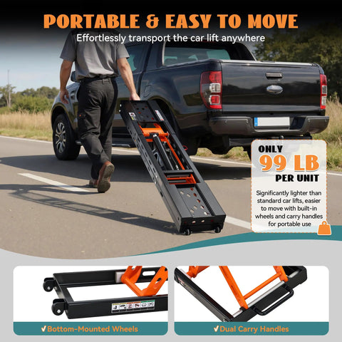 Heavy Duty 5000 Lb Portable Car Lift With Rock Solid Q355B Steel Scissor Jack And Dual Locking Pins Built Tough, being carried by a person.