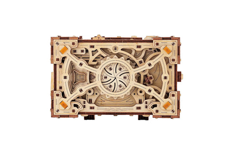 Enigma Chest 3D Wooden Puzzle Box For Adults To Build Natural Wood Escape Room Challenge With 504 Pieces No Glue Required Codes And Secret Locks Stress Relief Brain Teaser, front view