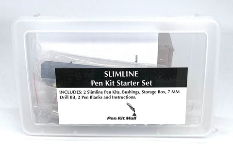 Slimline Pen Kit Starter Set with Case, 7mm Drill Bit, Bushings, and Wood Blocks for Beginners in labeled storage box.