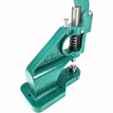Heavy Duty Hand Press Eyelet Grommet Kit with interchangeable dies, green cast-iron body for setting grommets and rivets.