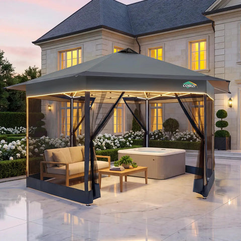 16x16 Pop Up Gazebo Hexagon Canopy Tent With Mosquito Netting, 256 Sq Ft Shade Installed in Elegant Backyard