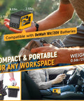 Heavy Duty 300W Adjustable DC Voltage Regulator with XT60 output, shows compatibility with DeWalt 18V/20V batteries, compact design.