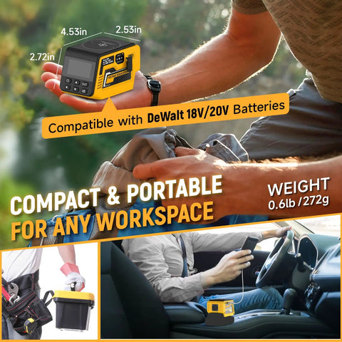 Heavy Duty 300W Adjustable DC Voltage Regulator with XT60 output, shows compatibility with DeWalt 18V/20V batteries, compact design.