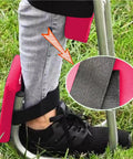 Garden Knee Seat Kneeler Stool With Strap on person's leg, showcasing soft pink pad, metal frame, and secure strap.