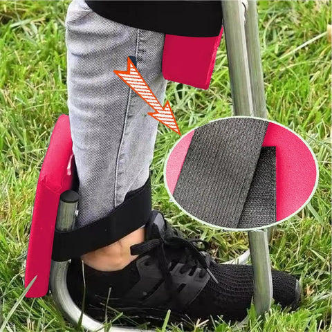 Garden Knee Seat Kneeler Stool With Strap on person's leg, showcasing soft pink pad, metal frame, and secure strap.