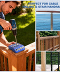Man using Angle Drill Guide Jig Kit with fixed angles on deck railing, showcasing its use with 4x4 wood posts and stairs.