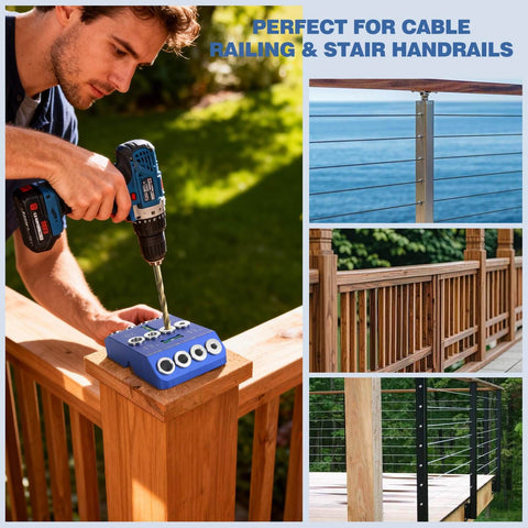 Man using Angle Drill Guide Jig Kit with fixed angles on deck railing, showcasing its use with 4x4 wood posts and stairs.