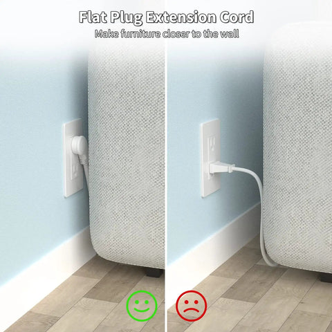 Flat Plug Extension Cord Six Feet Long Built Tough For Home And Office, 14 Gauge Three Conductor, showing close-up behind furniture