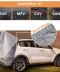 Upgraded SUV tailgate tent with poles and stakes built for epic tailgates and car campouts shown on a white SUV, elastic sleeve detail