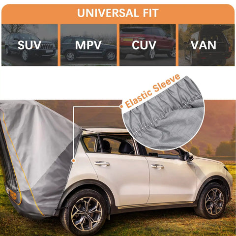 Upgraded SUV tailgate tent with poles and stakes built for epic tailgates and car campouts shown on a white SUV, elastic sleeve detail