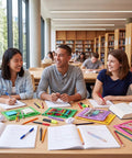 Students using 50 Pack Pencil Pouches With Clear Window For 3 Ring Binders, colorful pouches and stationery on library desk