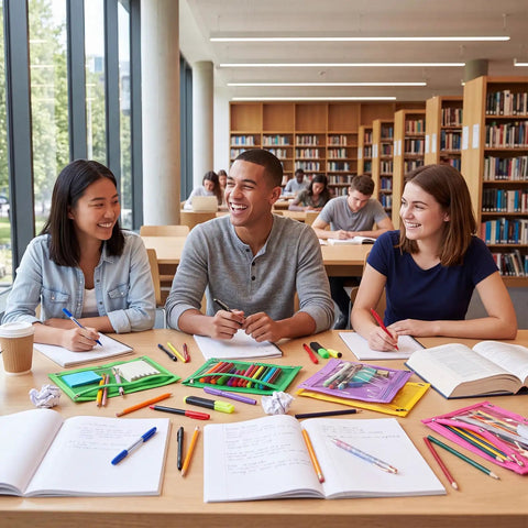 Students using 50 Pack Pencil Pouches With Clear Window For 3 Ring Binders, colorful pouches and stationery on library desk
