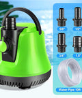 Green submersible sump pump with adjustable flow for no fuss water removal, 10 ft hose, and 4 adapters, 950 GPH.