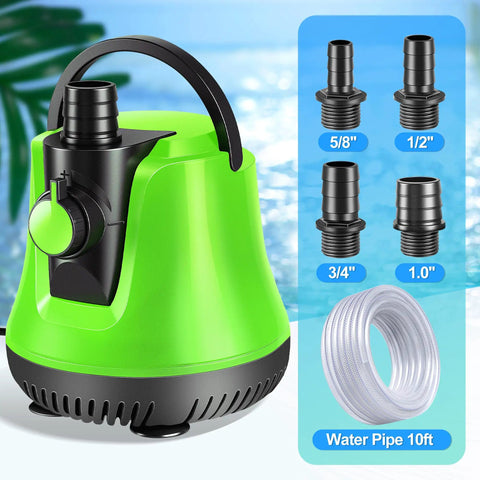 Green submersible sump pump with adjustable flow for no fuss water removal, 10 ft hose, and 4 adapters, 950 GPH.