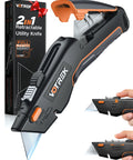 VOTREK 2-in-1 retractable utility knife with orange/black body and blade storage, side view