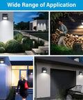 Collage of 28 LED Solar Motion Lights Outdoor Wireless Waterproof Security Wall Lights illuminating various outdoor areas
