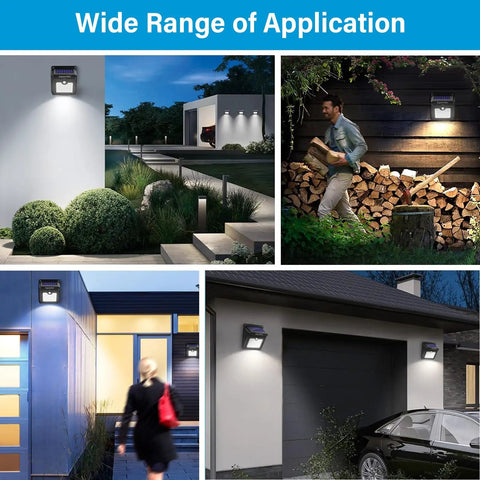 Collage of 28 LED Solar Motion Lights Outdoor Wireless Waterproof Security Wall Lights illuminating various outdoor areas