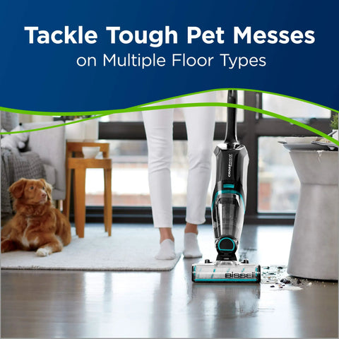 Person using Multi Surface Pet Brush Roll Replacement For Cross Wave Cordless Max 2554A And 2590 Series on floor with pet mess.
