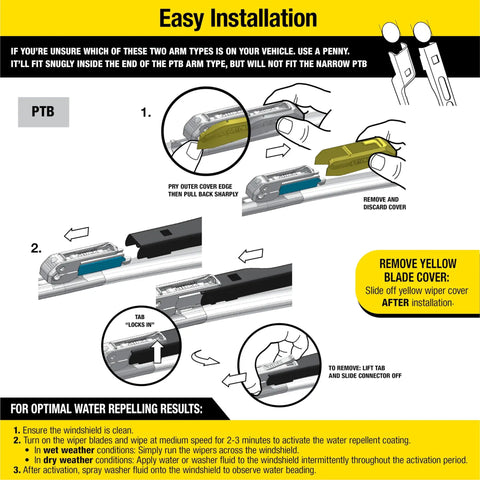 Installation guide for All Weather 2-In-1 Windshield Wiper With Water Repellent Tech, showing blade cover removal and arm types.