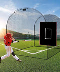 Heavy Duty 4x6 Ft Baseball Hitting Backstop With Strike Zone For Backyard Training PVC Net in field with player swinging bat