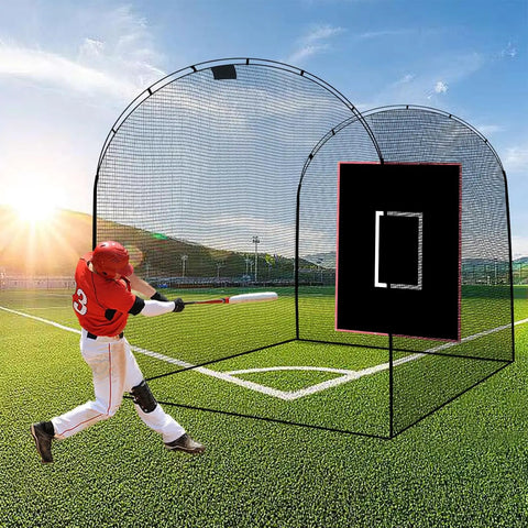 Heavy Duty 4x6 Ft Baseball Hitting Backstop With Strike Zone For Backyard Training PVC Net in field with player swinging bat