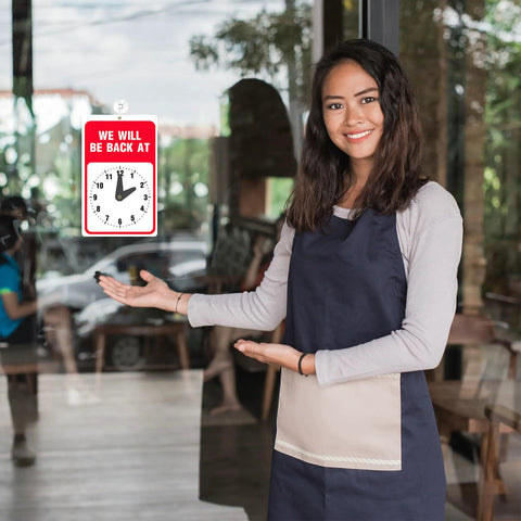 Be Right Back Sign With Clock For Office And Storefront Doors Red And White with Suction Cup on Glass Door
