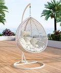 Hanging Egg Chair Outdoor Indoor With Stand, wicker swing egg chair on patio, white rust resistant steel frame, PE rattan weave