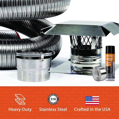 Heavy Duty Smooth Wall Flexible Chimney Liner Insert Kit With Premium Insulation 316 Stainless Steel components including vent cap and stainless steel tubing.