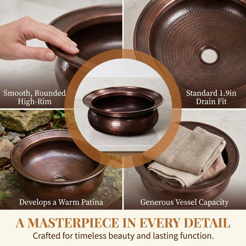 Bathroom Copper Sink, 16in high-rim vessel, smooth finish, standard 1.9in drain fit, ideal for face washing and home decoration.